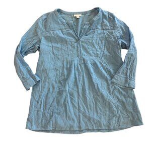 J. Jill Womens Blue Tunic Top Size S 100% Cotton Long Sleeve Split V-Neck Lightw